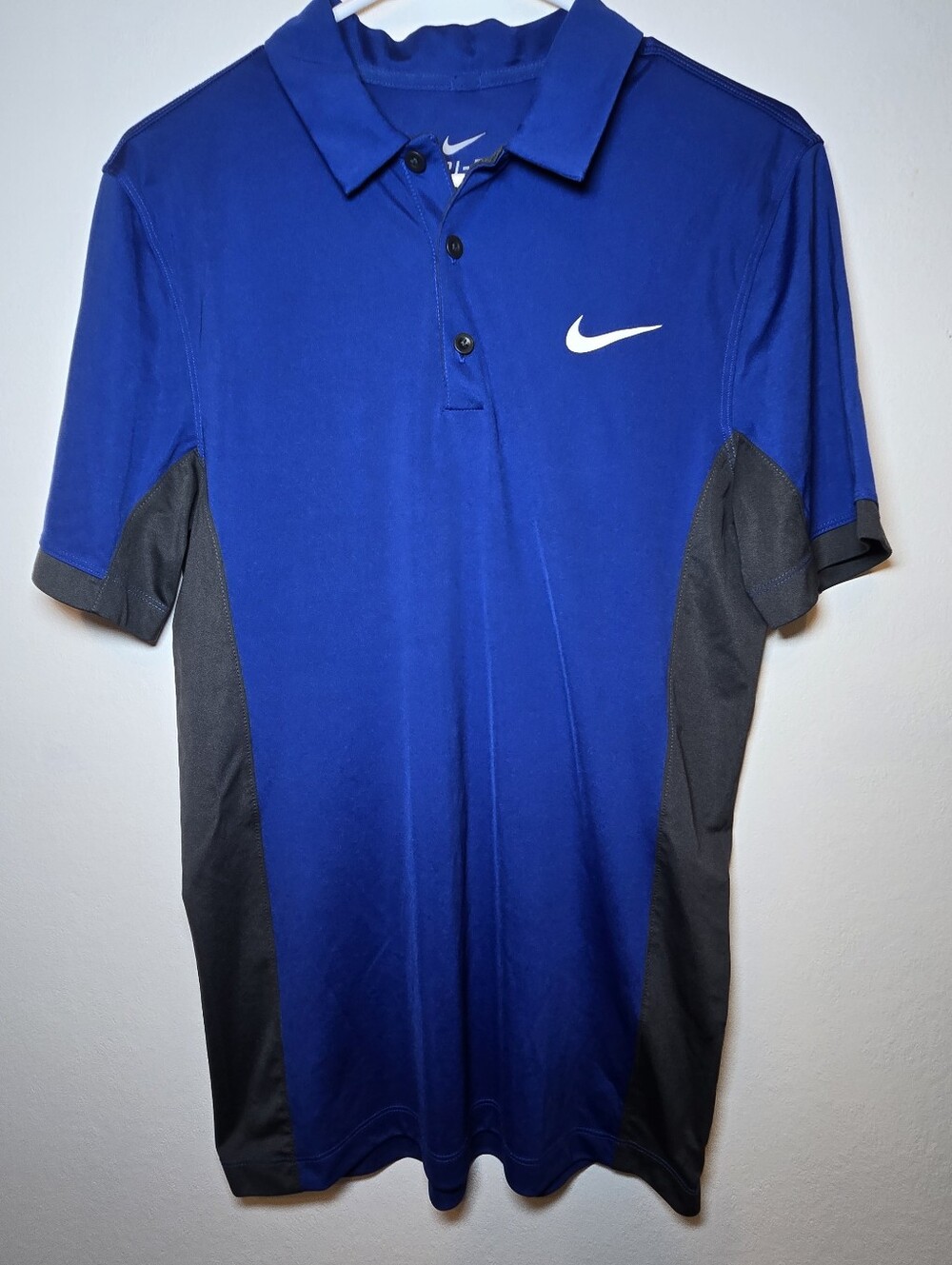 Nike Dri-FIT Mens Solid Blue Gray Short Sleeve Polo Collared Button Logo S